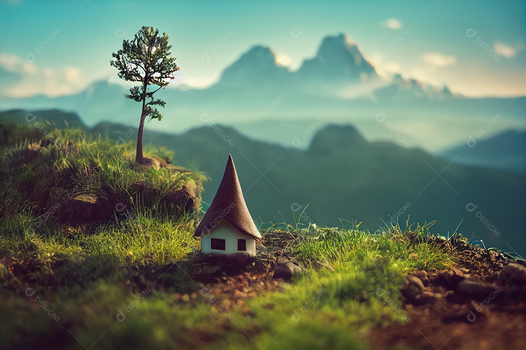 Cenário do lugar sagrado do zodíaco com casa dos elfos e montanhas ao fundo, astrologia, alquimia, magia e feitiçaria