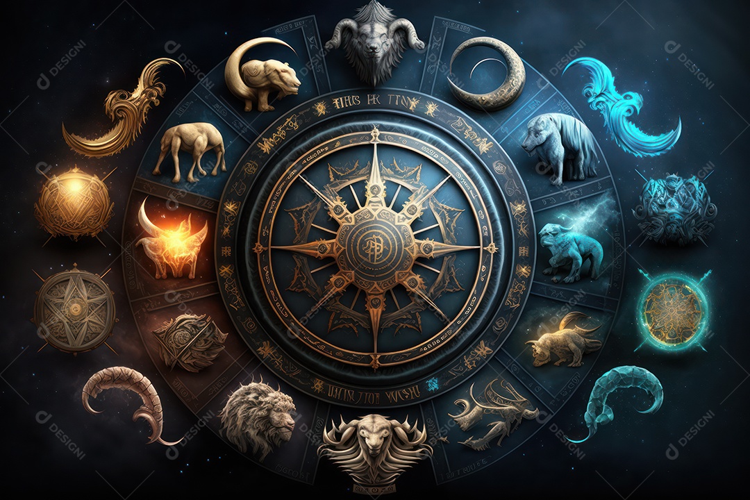 Símbolos do zodíaco e pano de fundo do templo sagrado, astrologia, alquimia, magia, feitiçaria e estrutura enigmática de cristais