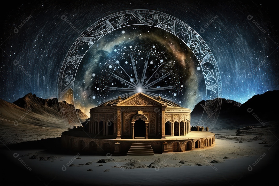 Símbolos do zodíaco e pano de fundo do templo sagrado, astrologia, alquimia, magia, feitiçaria e estrutura enigmática de cristais