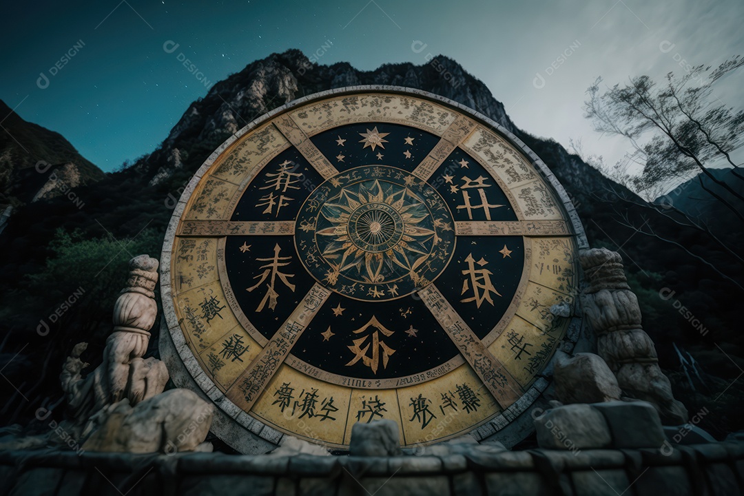 Símbolos do zodíaco e pano de fundo do templo sagrado, astrologia, alquimia, magia, feitiçaria e estrutura enigmática de cristais