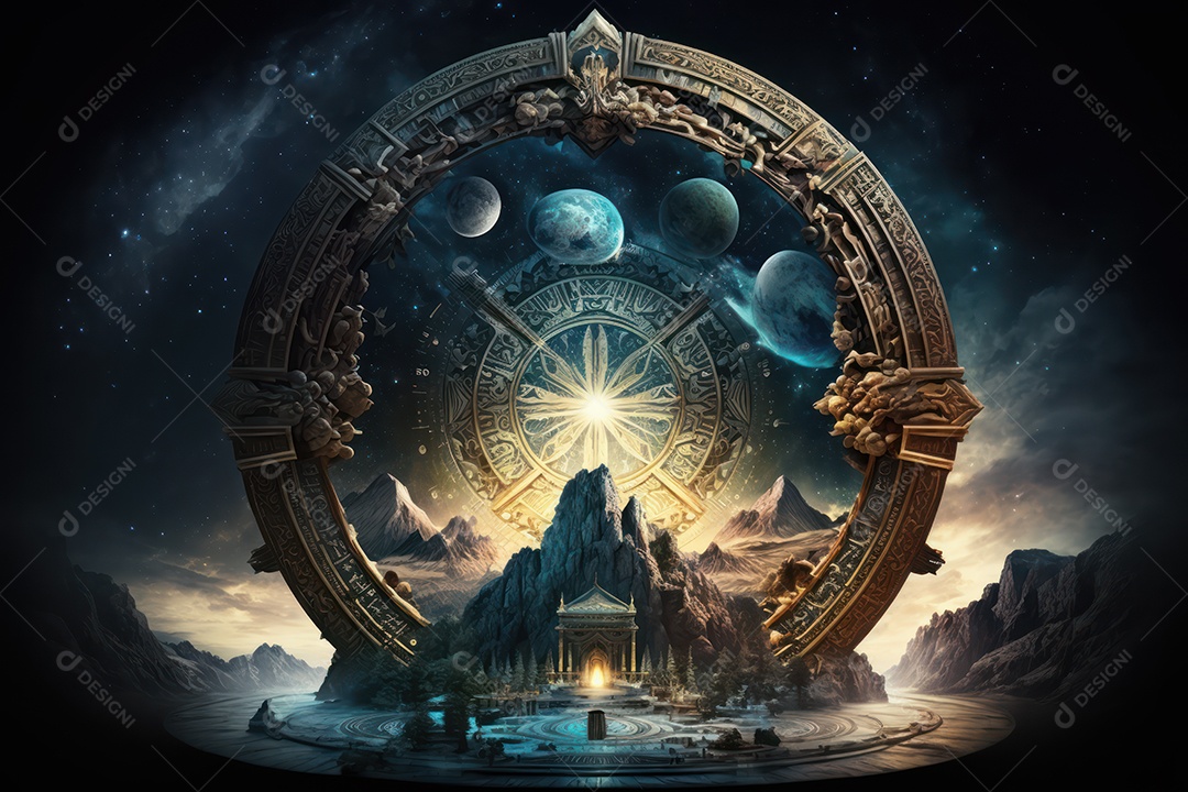 Símbolos do zodíaco e pano de fundo do templo sagrado, astrologia, alquimia, magia, feitiçaria e estrutura enigmática de cristais