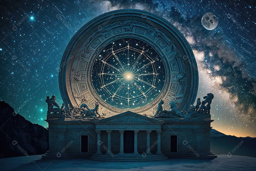 Símbolos do zodíaco e pano de fundo do templo sagrado, astrologia, alquimia, magia, feitiçaria e estrutura enigmática de cristais