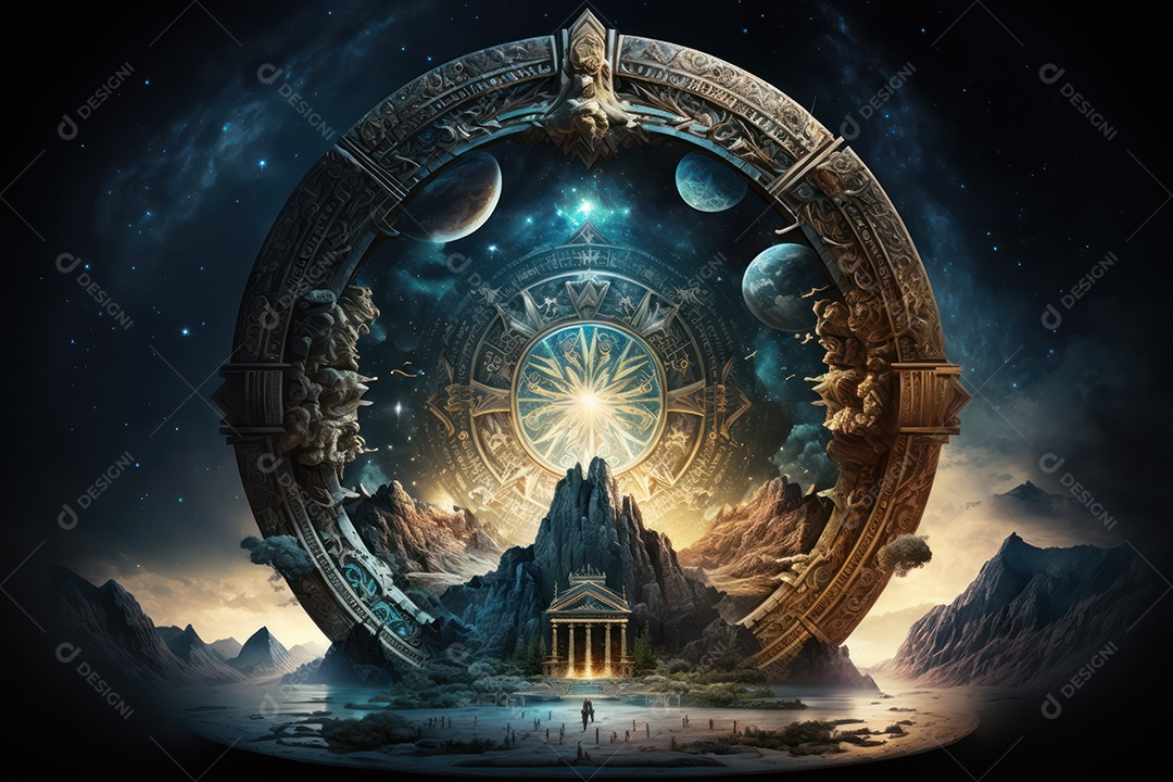 Símbolos do zodíaco e pano de fundo do templo sagrado, astrologia, alquimia, magia, feitiçaria e estrutura enigmática de cristais