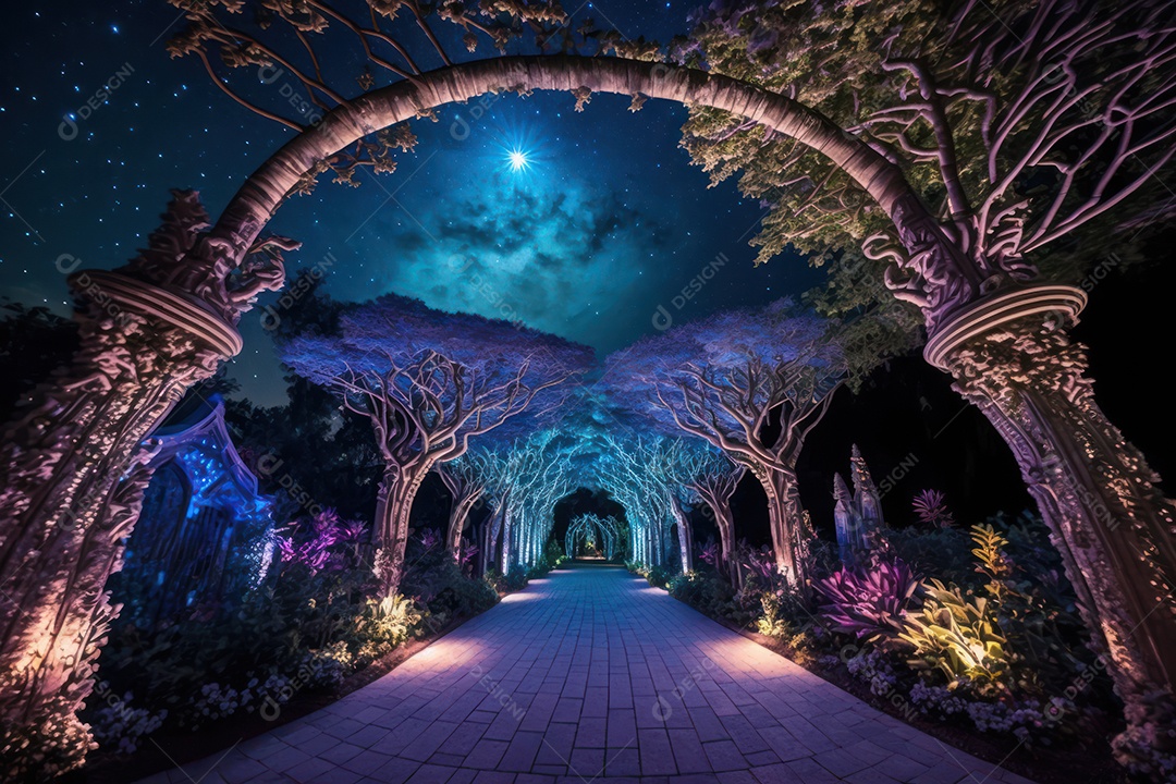 Pano de fundo com jardim sagrado do zodíaco, astrologia, alquimia, magia, feitiçaria e estrutura enigmática de cristais