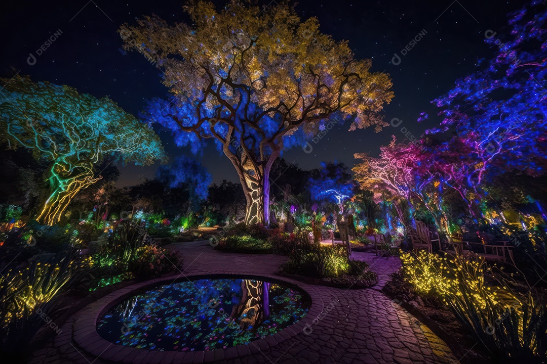 Bela floresta encantada iluminada à noite por bioluminescência, árvores, rios, plantas. Pintura digital