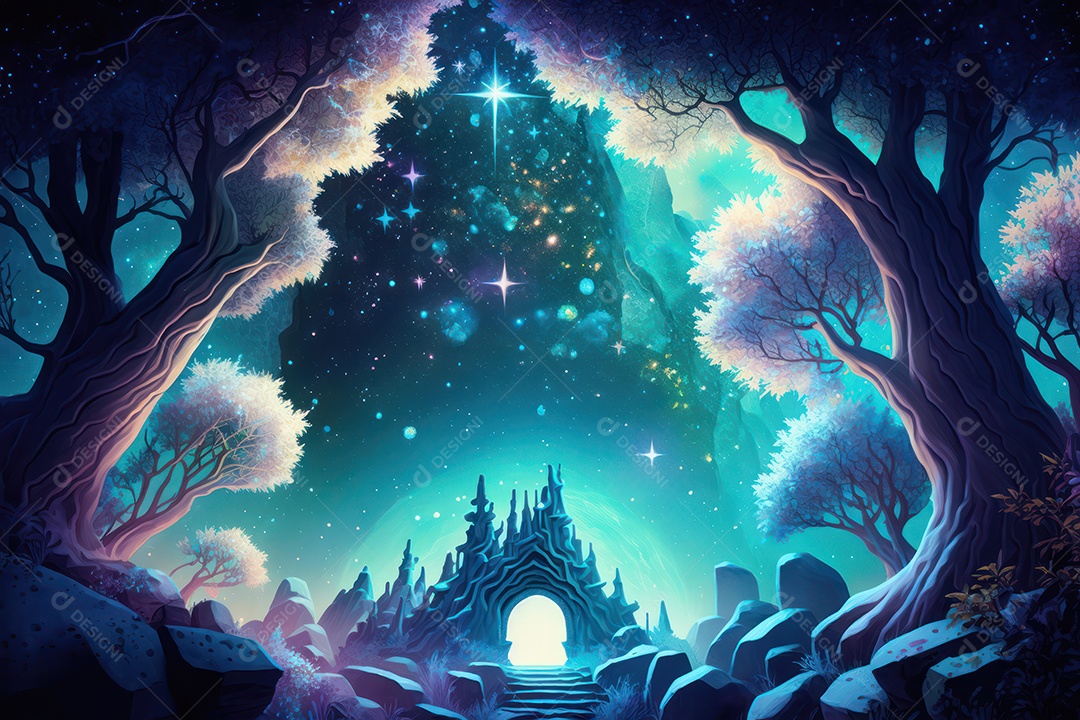 Floresta encantada de conto de fadas iluminada por grandes árvores de bioluminescência, lua e bela vegetação. Pintura digital