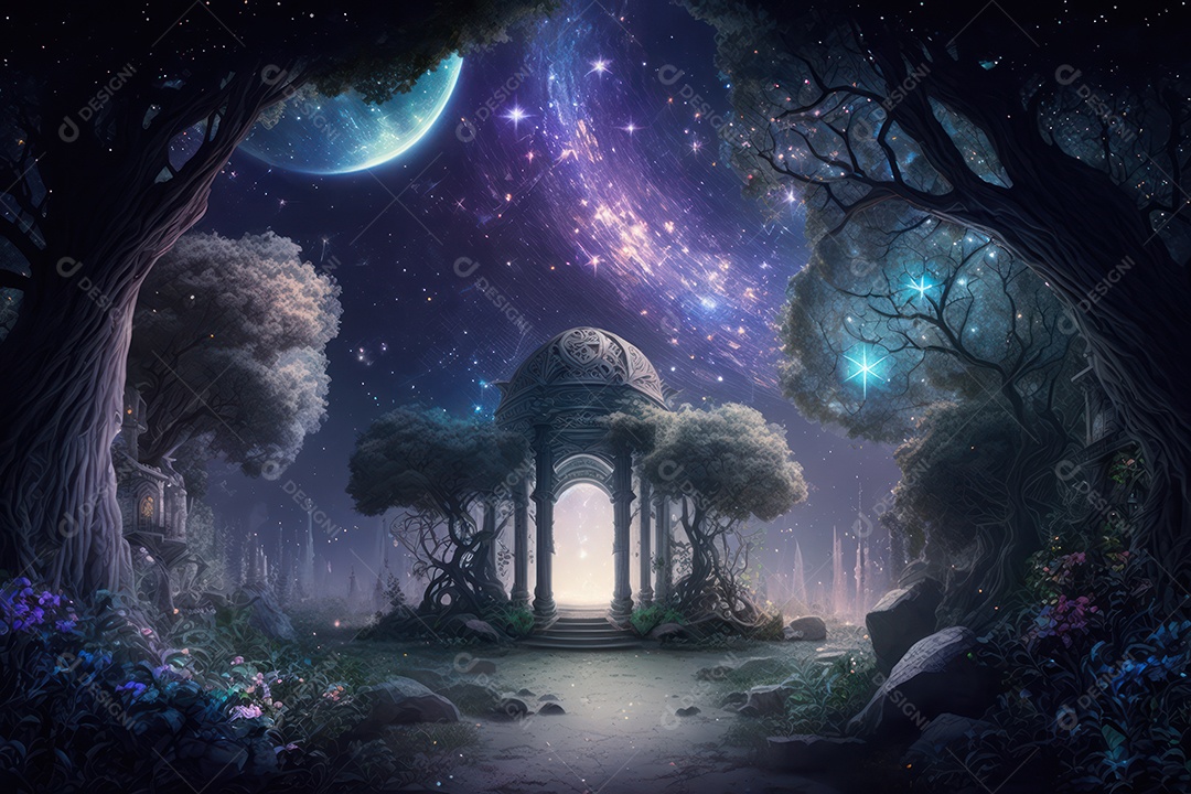 Pano de fundo com jardim sagrado do zodíaco, astrologia, alquimia, magia, feitiçaria e estrutura enigmática de cristais