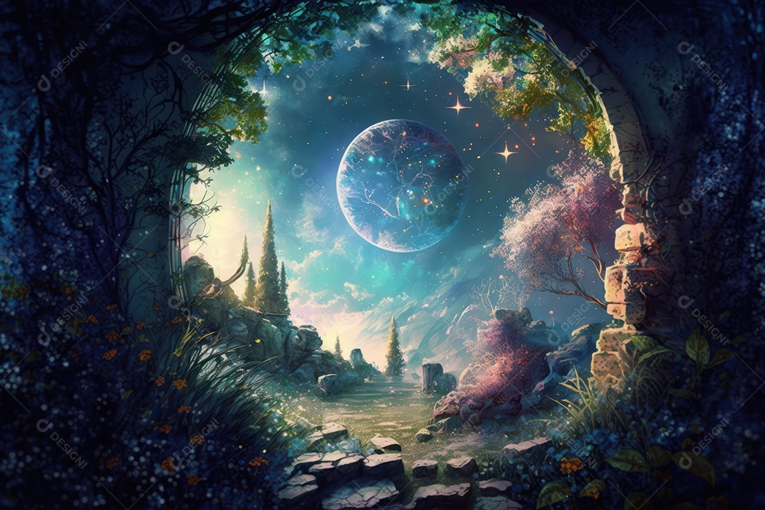 Pano de fundo com jardim sagrado do zodíaco, astrologia, alquimia, magia, feitiçaria e estrutura enigmática de cristais