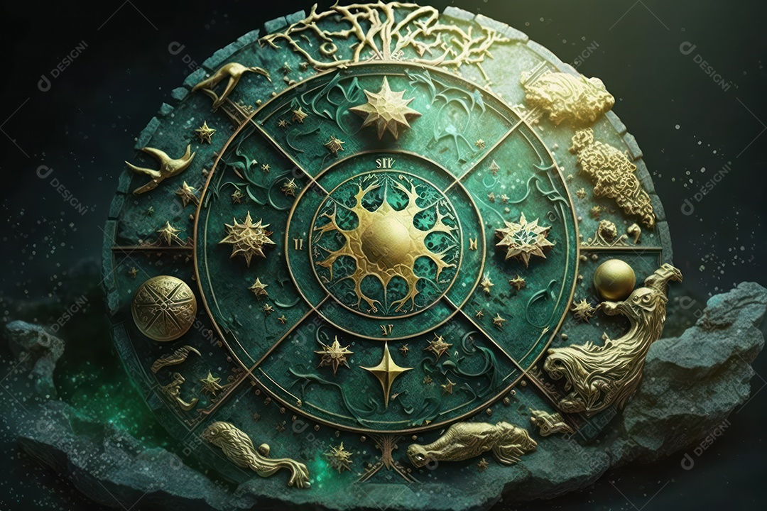 Símbolos do zodíaco e pano de fundo do templo sagrado, astrologia, alquimia, magia, feitiçaria e estrutura enigmática de cristais