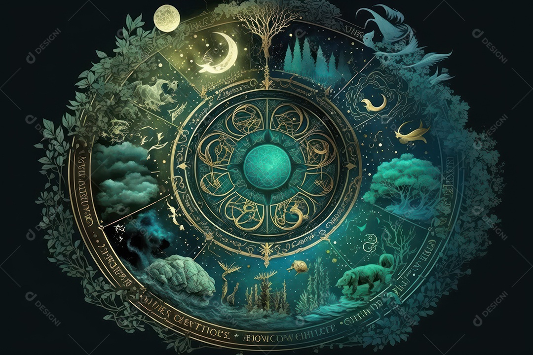 Símbolos do zodíaco e pano de fundo do templo sagrado, astrologia, alquimia, magia, feitiçaria e estrutura enigmática de cristais