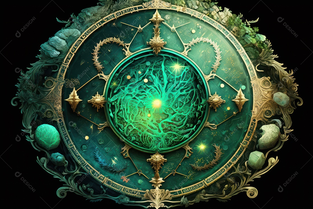 Símbolos do zodíaco e pano de fundo do templo sagrado, astrologia, alquimia, magia, feitiçaria e estrutura enigmática de cristais