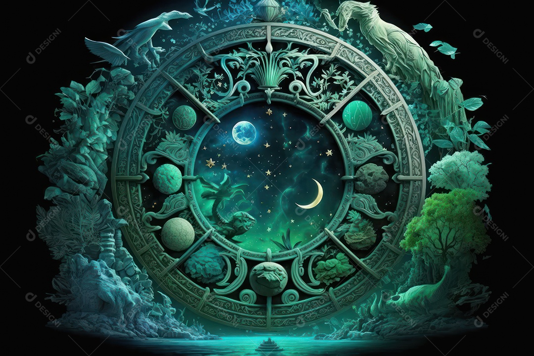 Símbolos do zodíaco e pano de fundo do templo sagrado, astrologia, alquimia, magia, feitiçaria e estrutura enigmática de cristais