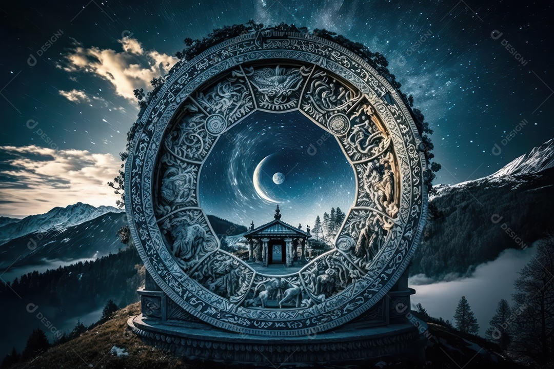 Símbolos do zodíaco e pano de fundo do templo sagrado, astrologia, alquimia, magia, feitiçaria e estrutura enigmática de cristais