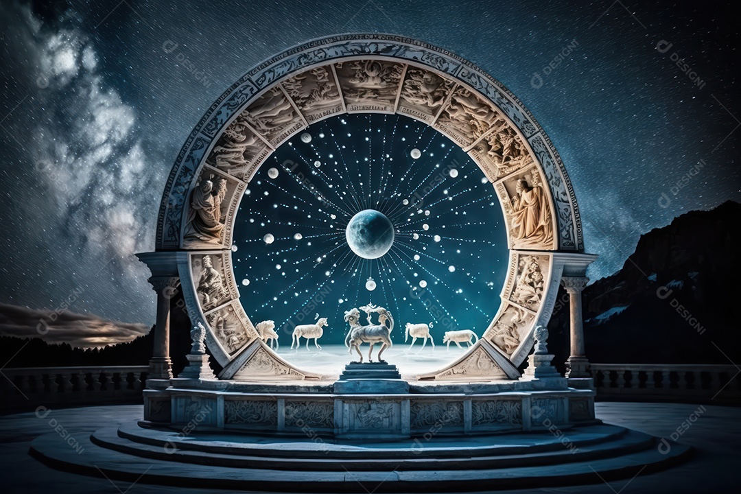 Símbolos do zodíaco e pano de fundo do templo sagrado, astrologia, alquimia, magia, feitiçaria e estrutura enigmática de cristais