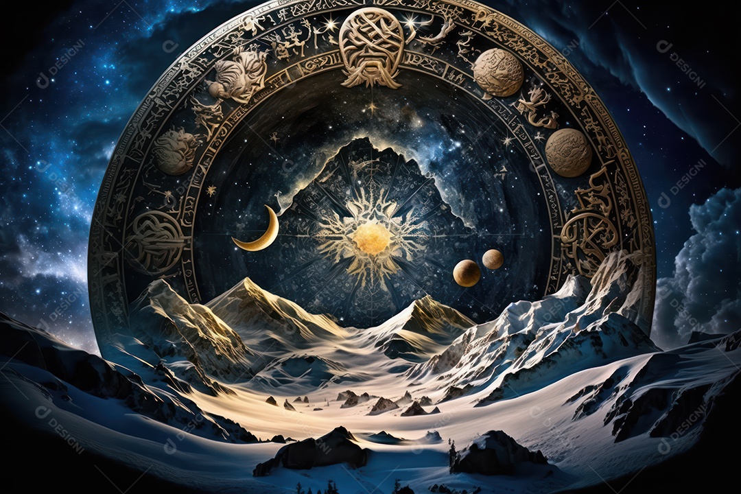 Símbolos do zodíaco e pano de fundo do templo sagrado, astrologia, alquimia, magia, feitiçaria e estrutura enigmática de cristais