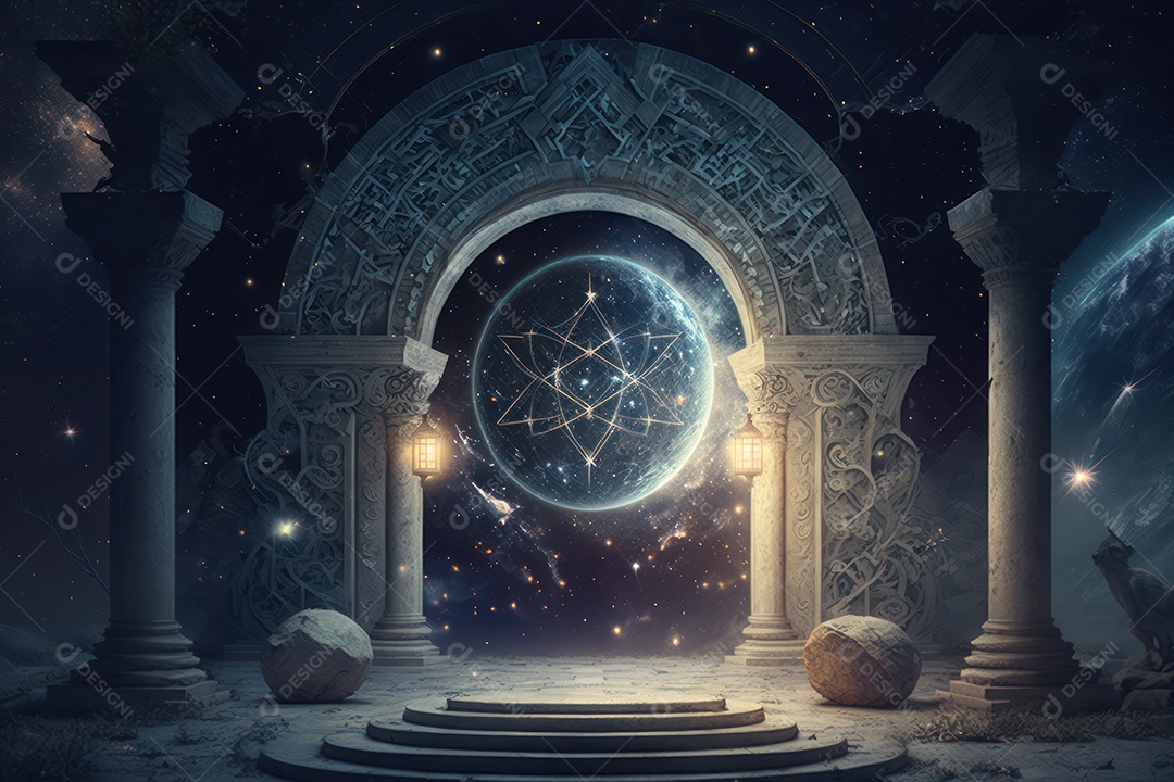 Símbolos do zodíaco e pano de fundo do templo sagrado, astrologia, alquimia, magia, feitiçaria e estrutura enigmática de cristais
