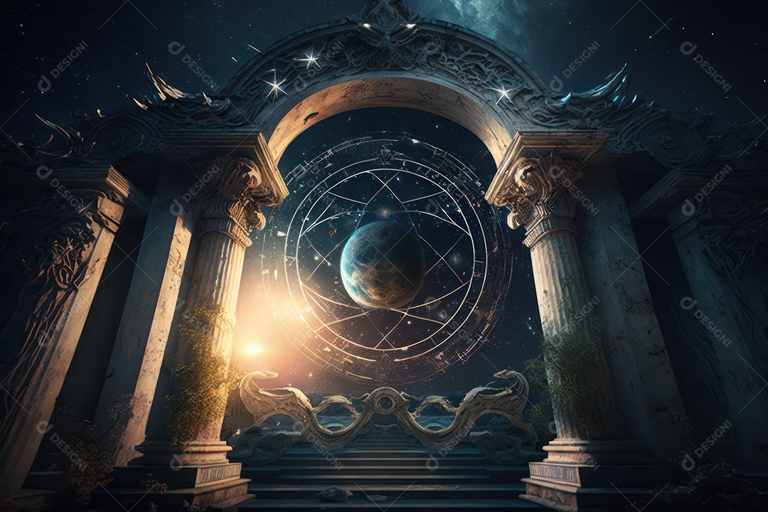 Símbolos do zodíaco e pano de fundo do templo sagrado, astrologia, alquimia, magia, feitiçaria e estrutura enigmática de cristais