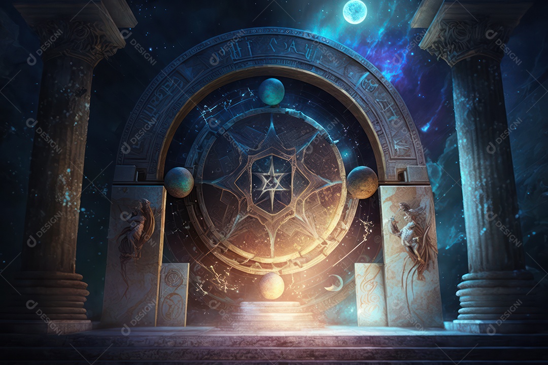 Símbolos do zodíaco e pano de fundo do templo sagrado, astrologia, alquimia, magia, feitiçaria e estrutura enigmática de cristais