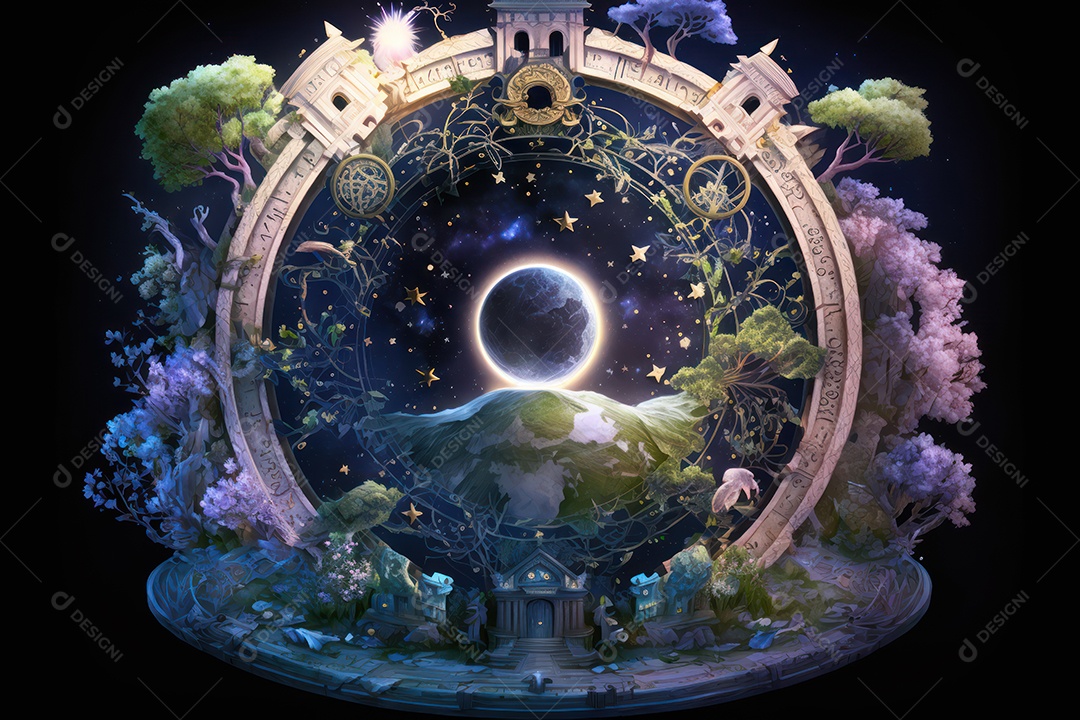 Símbolos do zodíaco e pano de fundo do templo sagrado, astrologia, alquimia, magia, feitiçaria e estrutura enigmática de cristais