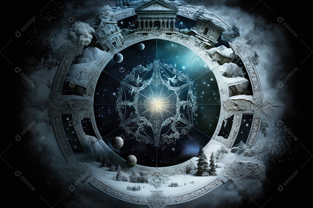 Símbolos do zodíaco e pano de fundo do templo sagrado, astrologia, alquimia, magia, feitiçaria e estrutura enigmática de cristais