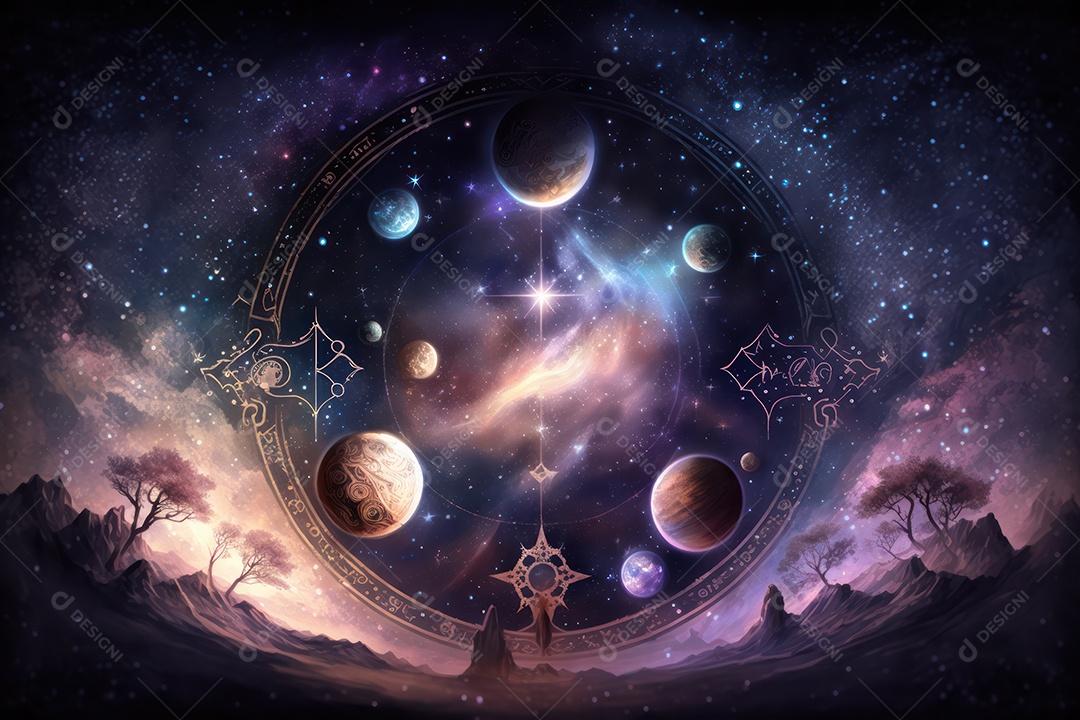 Símbolos do zodíaco e pano de fundo do templo sagrado, astrologia, alquimia, magia, feitiçaria e estrutura enigmática de cristais