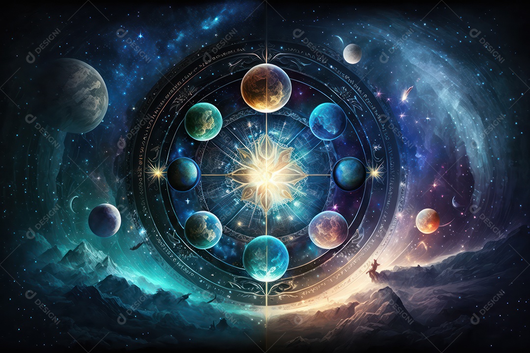 Símbolos do zodíaco e pano de fundo do templo sagrado, astrologia, alquimia, magia, feitiçaria e estrutura enigmática de cristais