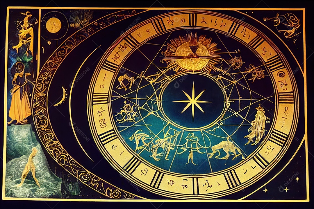 Símbolos do zodíaco e pano de fundo do templo sagrado, astrologia, alquimia, magia, feitiçaria e estrutura enigmática de cristais