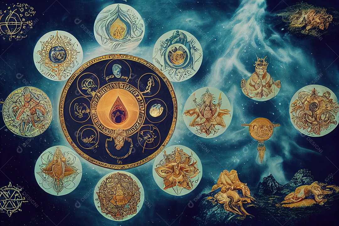Símbolos do zodíaco e pano de fundo do templo sagrado, astrologia, alquimia, magia, feitiçaria e estrutura enigmática de cristais