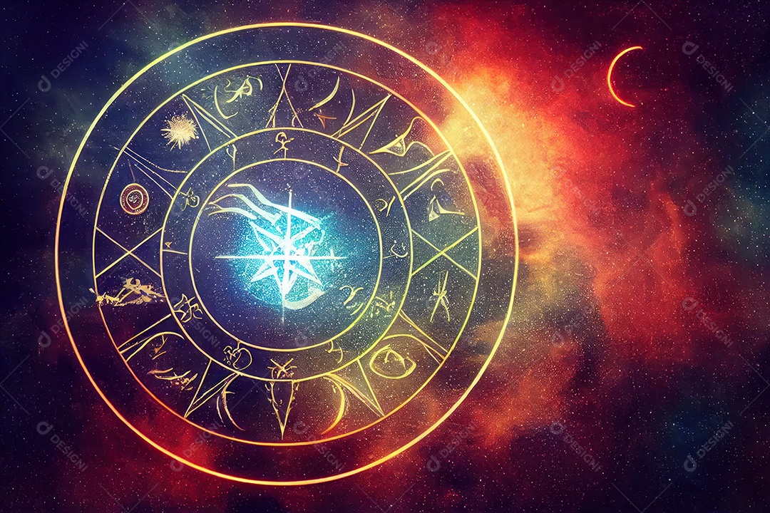 Símbolos do zodíaco e pano de fundo do templo sagrado, astrologia, alquimia, magia, feitiçaria e estrutura enigmática de cristais