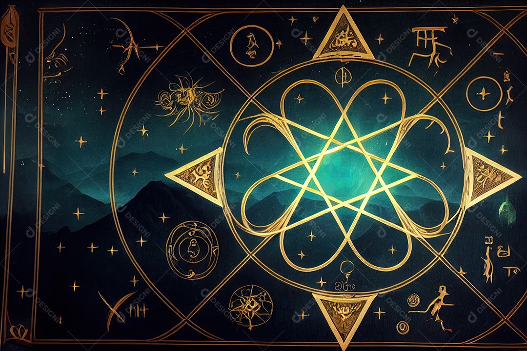 Símbolos do zodíaco e pano de fundo do templo sagrado, astrologia, alquimia, magia, feitiçaria e estrutura enigmática de cristais