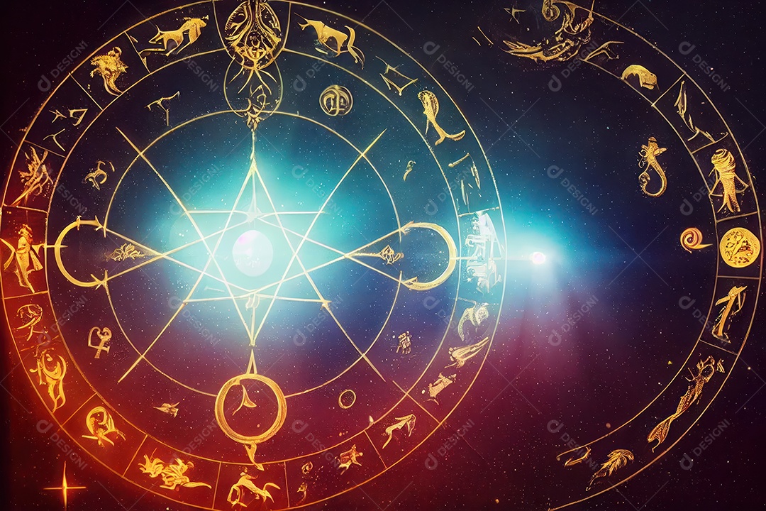 Símbolos do zodíaco e pano de fundo do templo sagrado, astrologia, alquimia, magia, feitiçaria e estrutura enigmática de cristais