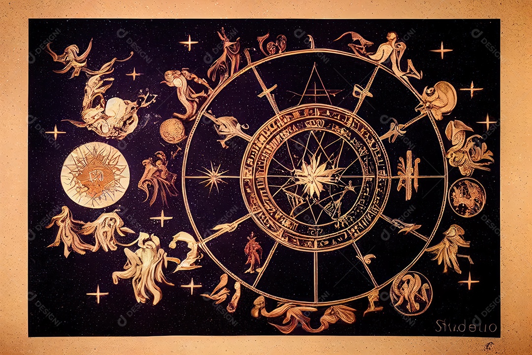 Símbolos do zodíaco e pano de fundo do templo sagrado, astrologia, alquimia, magia, feitiçaria e estrutura enigmática de cristais