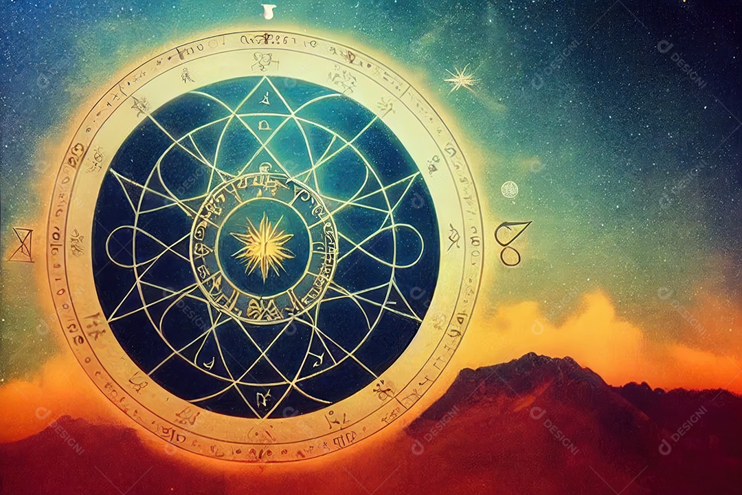 Símbolos do zodíaco e pano de fundo do templo sagrado, astrologia, alquimia, magia, feitiçaria e estrutura enigmática de cristais