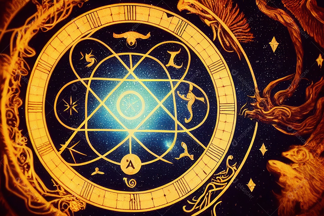 Símbolos do zodíaco e pano de fundo do templo sagrado, astrologia, alquimia, magia, feitiçaria e estrutura enigmática de cristais