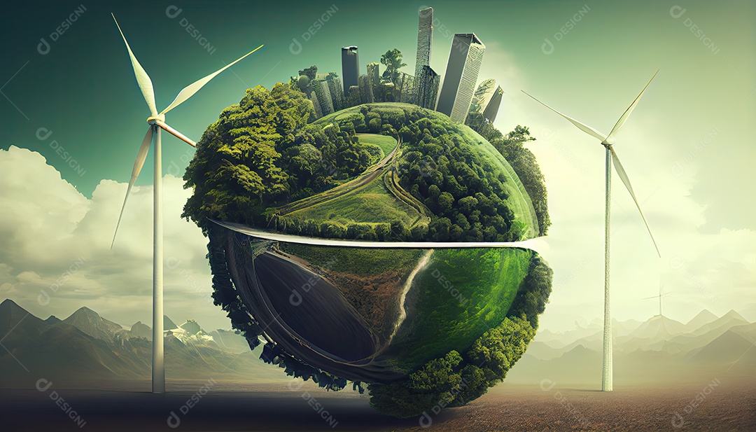 Imagem de folha verde no estilo de arte de papel com árvores, silhuetas de construção de cidades, moinhos de vento e painéis solares. a preservação da ecologia. uma ideia de energia verde Dia da Terra a importância de amar a natureza