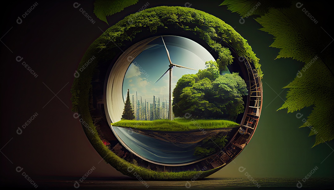 Imagem de folha verde no estilo de arte de papel com árvores, silhuetas de construção de cidades, moinhos de vento e painéis solares. a preservação da ecologia. uma ideia de energia verde Dia da Terra a importância de amar a natureza