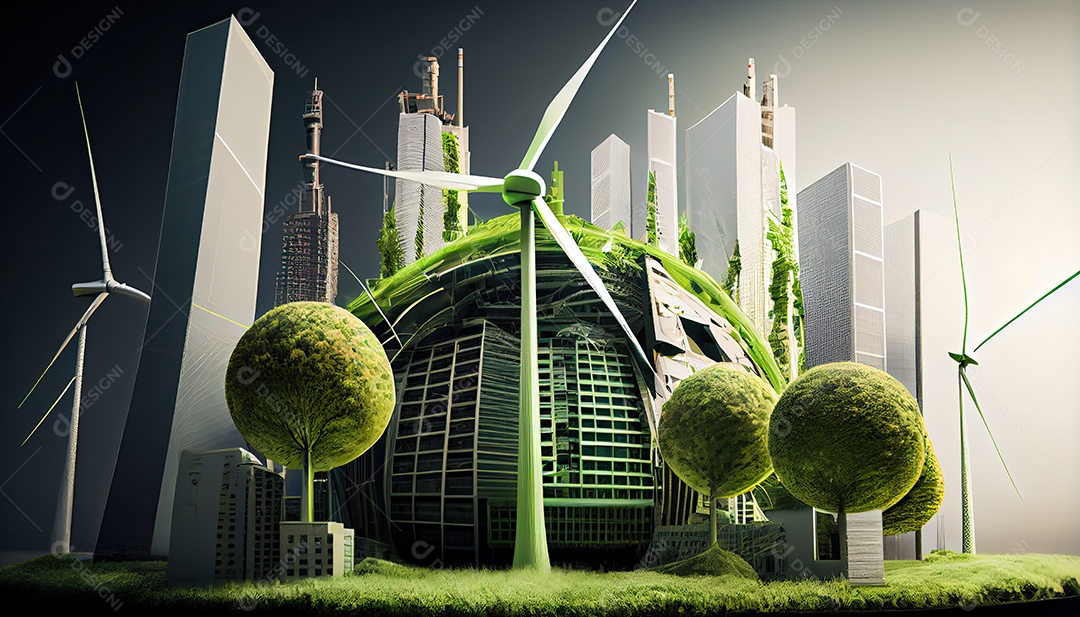 Imagem de folha verde no estilo de arte de papel com árvores, silhuetas de construção de cidades, moinhos de vento e painéis solares. a preservação da ecologia. uma ideia de energia verde Dia da Terra a importância de amar a natureza