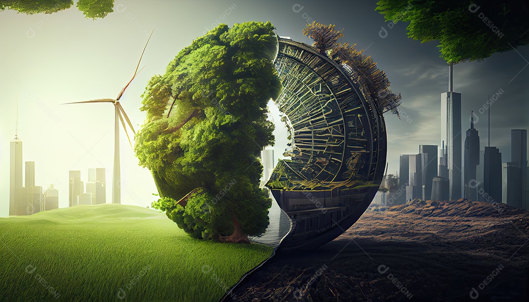 Imagem de folha verde no estilo de arte de papel com árvores, silhuetas de construção de cidades, moinhos de vento e painéis solares. a preservação da ecologia. uma ideia de energia verde Dia da Terra a importância de amar a natureza