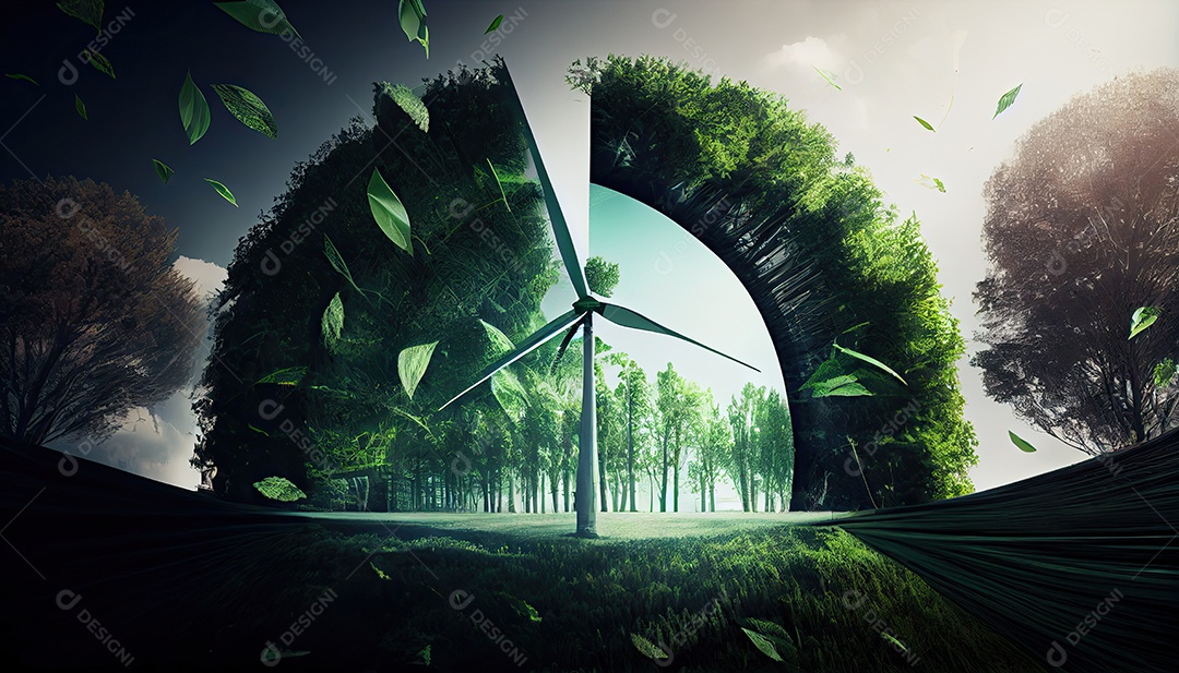 Imagem de folha verde no estilo de arte de papel com árvores, silhuetas de construção de cidades, moinhos de vento e painéis solares. a preservação da ecologia. uma ideia de energia verde Dia da Terra a importância de amar a natureza
