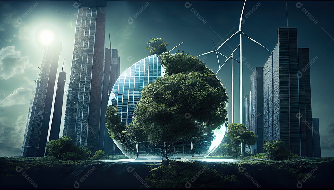 Imagem de folha verde no estilo de arte de papel com árvores, silhuetas de construção de cidades, moinhos de vento e painéis solares. a preservação da ecologia. uma ideia de energia verde Dia da Terra a importância de amar a natureza