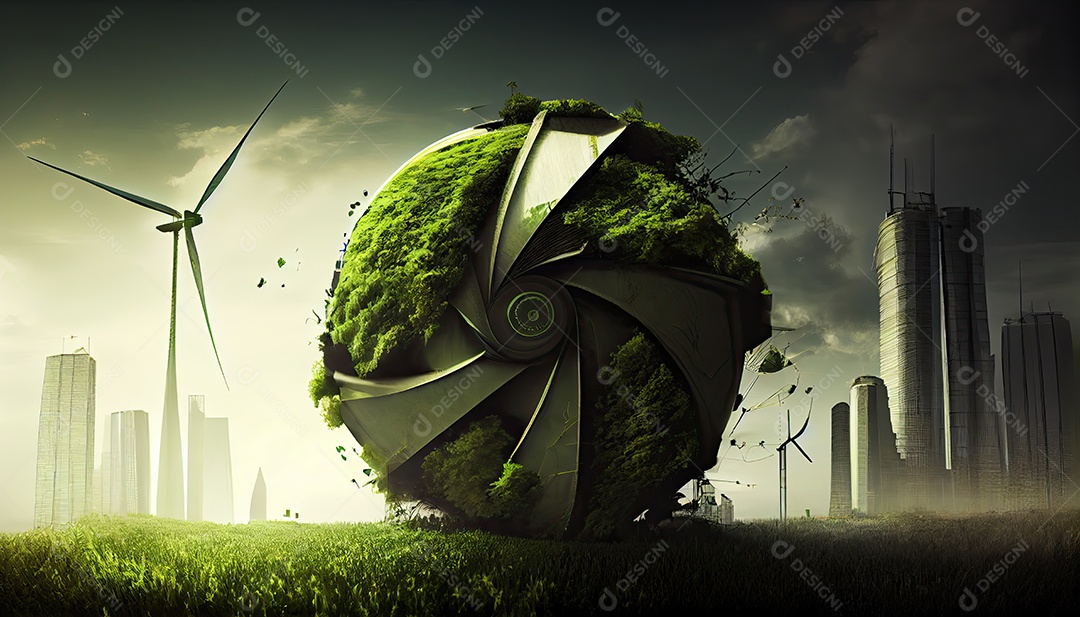 Imagem de folha verde no estilo de arte de papel com árvores, silhuetas de construção de cidades, moinhos de vento e painéis solares. a preservação da ecologia. uma ideia de energia verde Dia da Terra a importância de amar a natureza