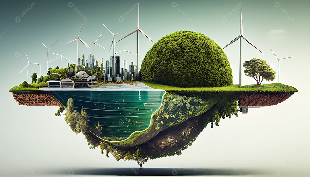 Imagem de folha verde no estilo de arte de papel com árvores, silhuetas de construção de cidades, moinhos de vento e painéis solares. a preservação da ecologia. uma ideia de energia verde Dia da Terra a importância de amar a natureza