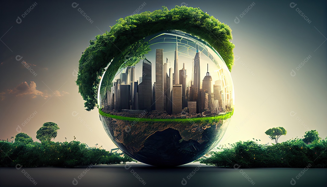 Imagem de folha verde no estilo de arte de papel com árvores, silhuetas de construção de cidades, moinhos de vento e painéis solares. a preservação da ecologia. uma ideia de energia verde Dia da Terra a importância de amar a natureza