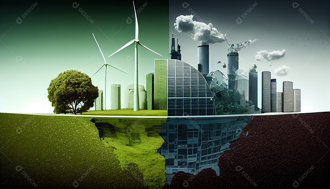 Imagem de folha verde no estilo de arte de papel com árvores, silhuetas de construção de cidades, moinhos de vento e painéis solares. a preservação da ecologia. uma ideia de energia verde Dia da Terra a importância de amar a natureza