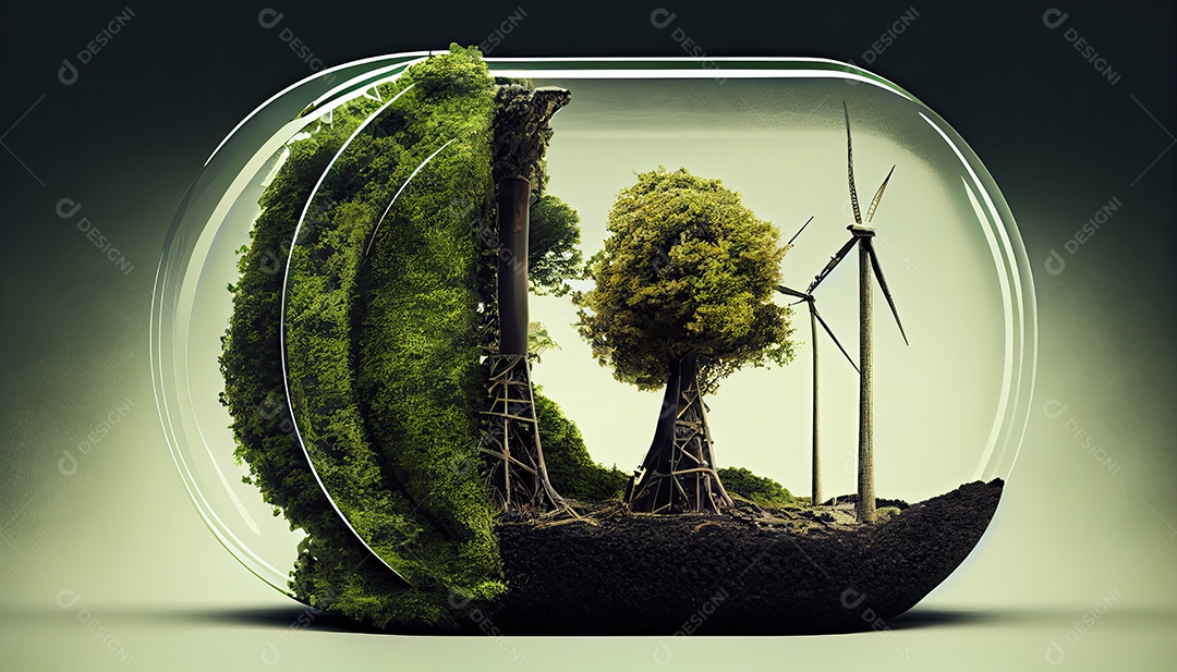 Imagem de folha verde no estilo de arte de papel com árvores, silhuetas de construção de cidades, moinhos de vento e painéis solares. a preservação da ecologia. uma ideia de energia verde Dia da Terra a importância de amar a natureza