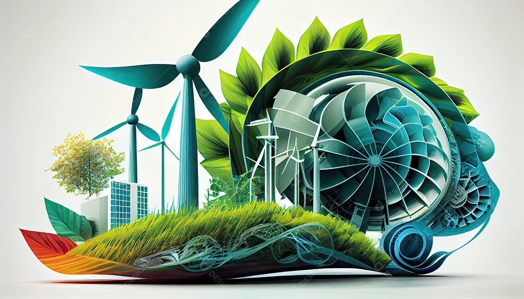 Imagem de folha verde no estilo de arte de papel com árvores, silhuetas de construção de cidades, moinhos de vento e painéis solares. a preservação da ecologia. uma ideia de energia verde Dia da Terra a importância de amar a natureza