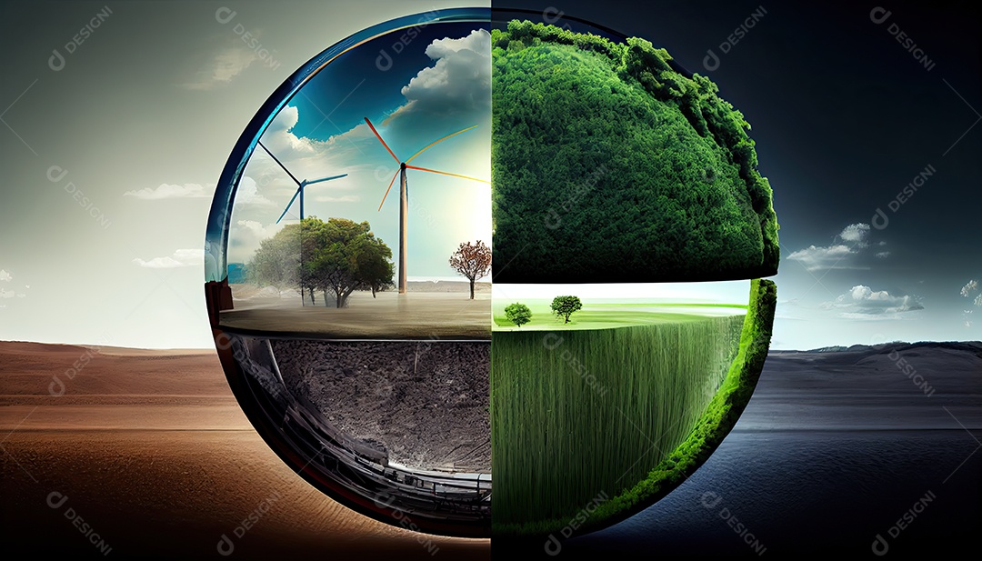 Imagem de folha verde no estilo de arte de papel com árvores, silhuetas de construção de cidades, moinhos de vento e painéis solares. a preservação da ecologia. uma ideia de energia verde Dia da Terra a importância de amar a natureza