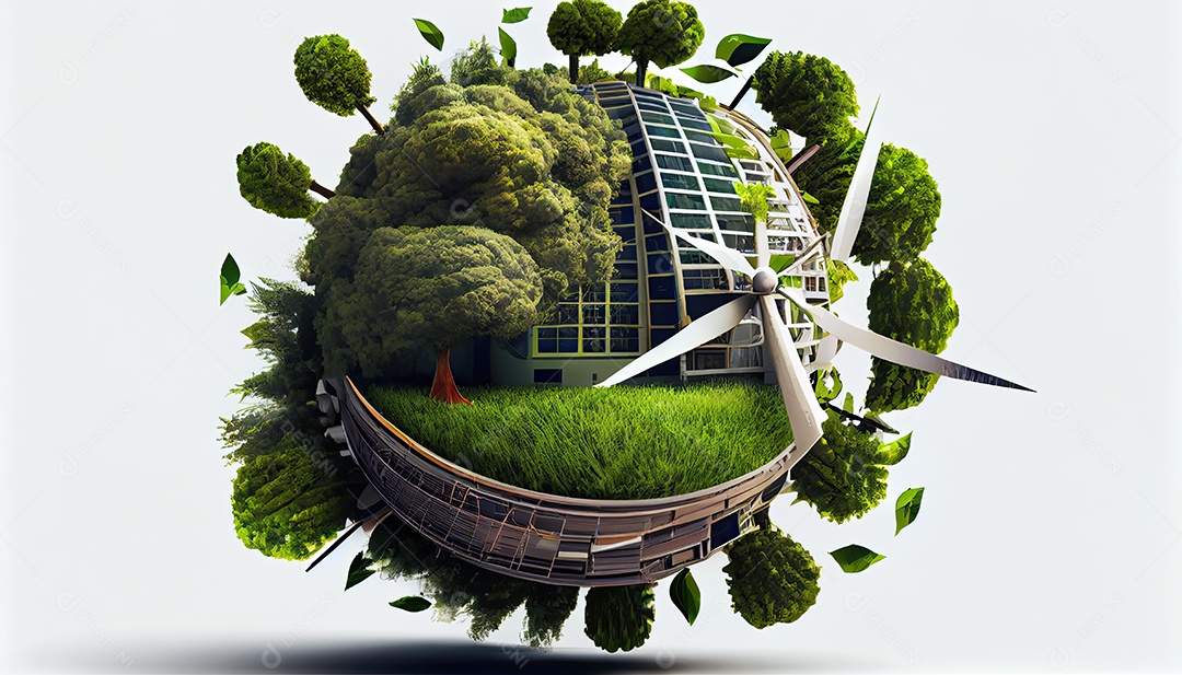 Imagem de folha verde no estilo de arte de papel com árvores, silhuetas de construção de cidades, moinhos de vento e painéis solares. a preservação da ecologia. uma ideia de energia verde Dia da Terra a importância de amar a natureza