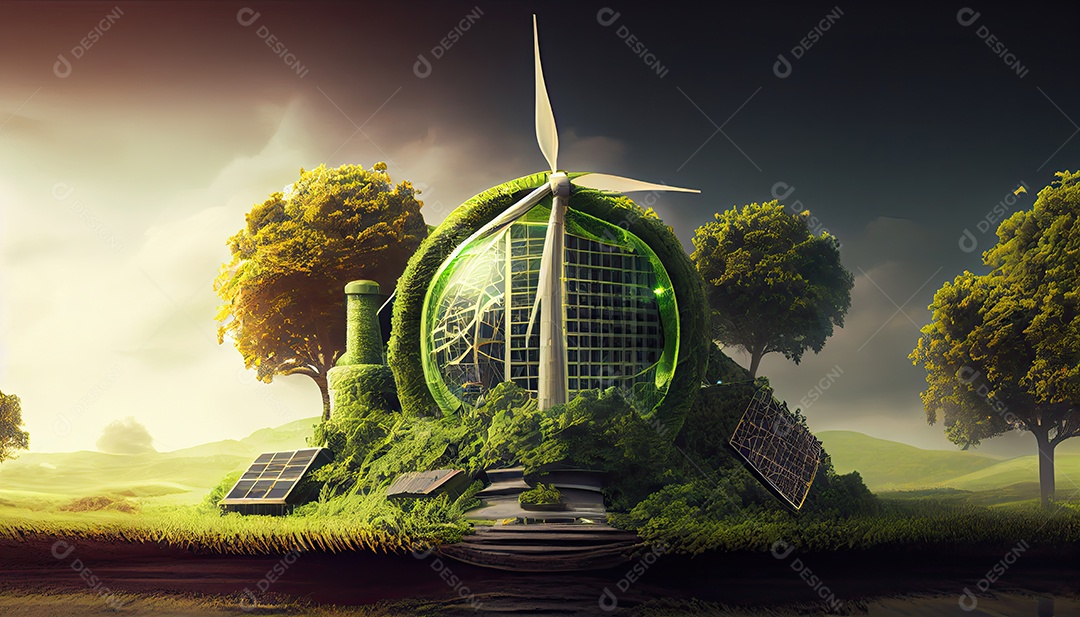 Imagem de folha verde no estilo de arte de papel com árvores, silhuetas de construção de cidades, moinhos de vento e painéis solares. a preservação da ecologia. uma ideia de energia verde Dia da Terra a importância de amar a natureza