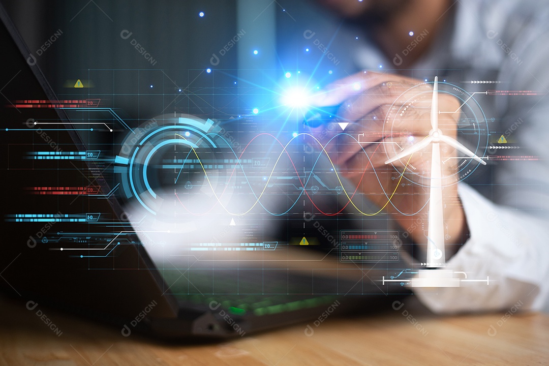 Feche a mão do empresário apontando para o celular com brilho